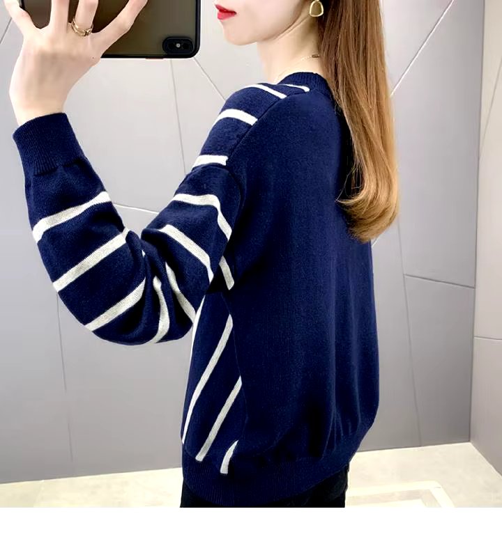 Casual Striped V-Neck Losse Knitted Pullovers Button Fashion Elegant Sweaters
