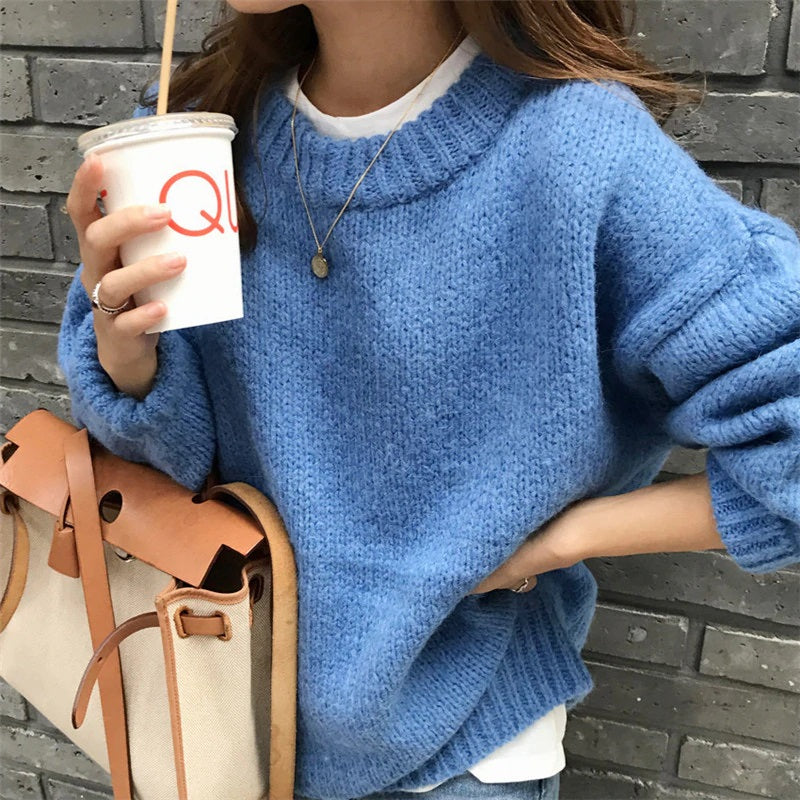 Casual Style Loose Solid Pullover Sweater Long Sleeve Jumper Tops