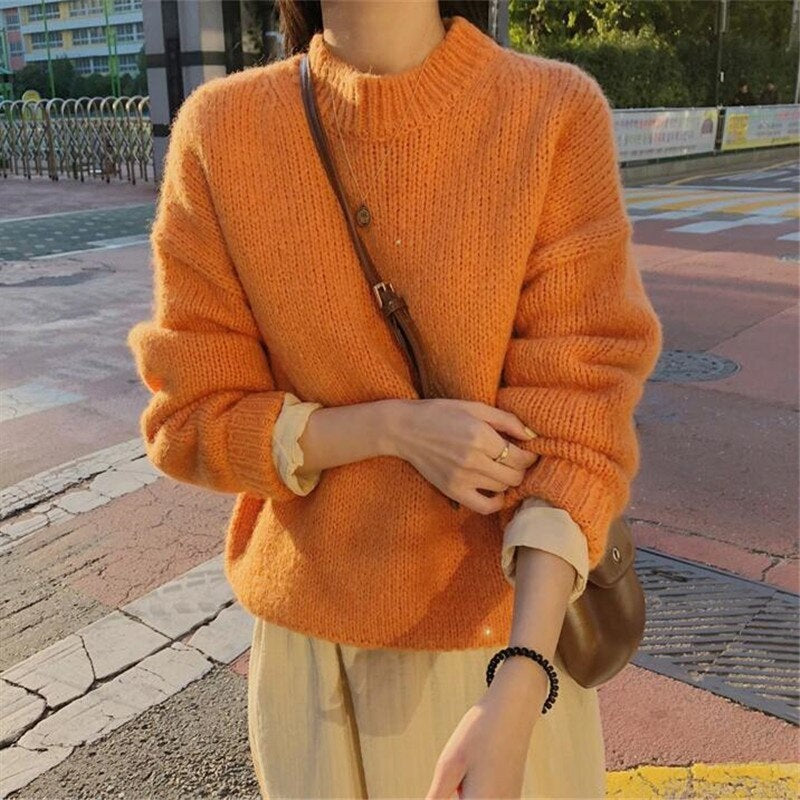Casual Style Loose Solid Pullover Sweater Long Sleeve Jumper Tops