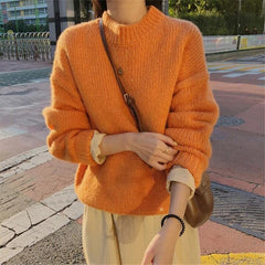 Casual Style Loose Solid Pullover Sweater Long Sleeve Jumper Tops