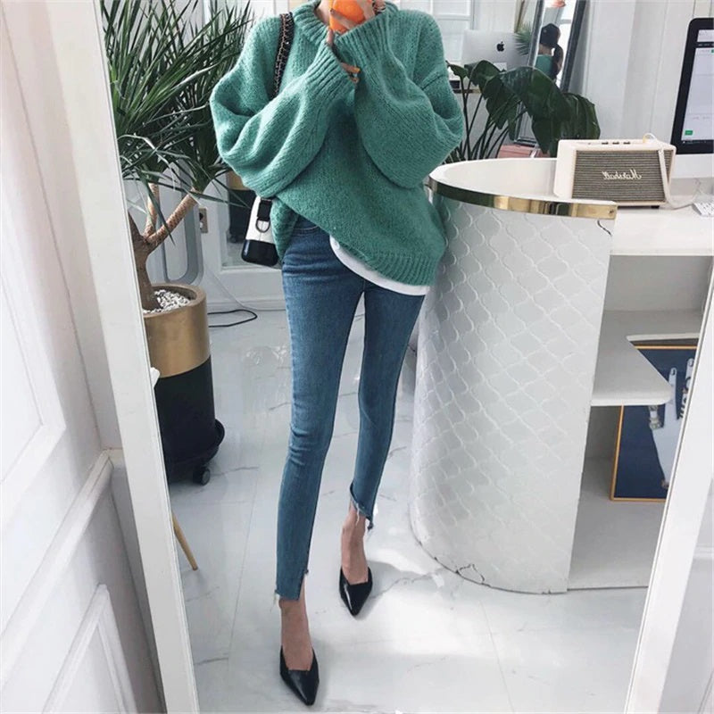 Casual Style Loose Solid Pullover Sweater Long Sleeve Jumper Tops