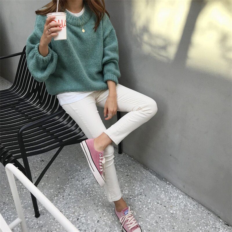 Casual Style Loose Solid Pullover Sweater Long Sleeve Jumper Tops