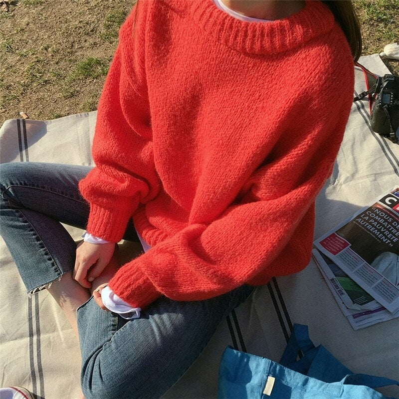 Casual Style Loose Solid Pullover Sweater Long Sleeve Jumper Tops