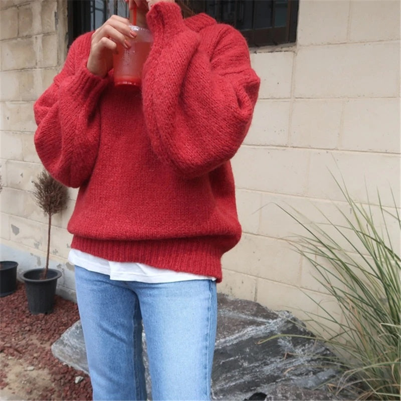 Casual Style Loose Solid Pullover Sweater Long Sleeve Jumper Tops