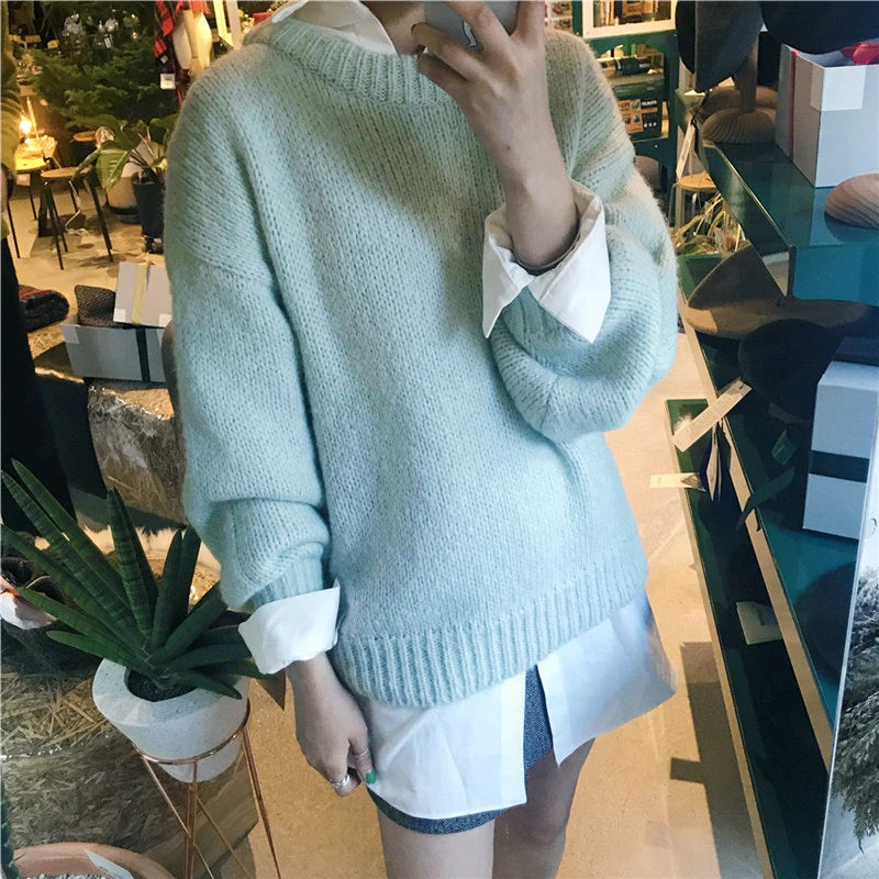 Casual Style Loose Solid Pullover Sweater Long Sleeve Jumper Tops