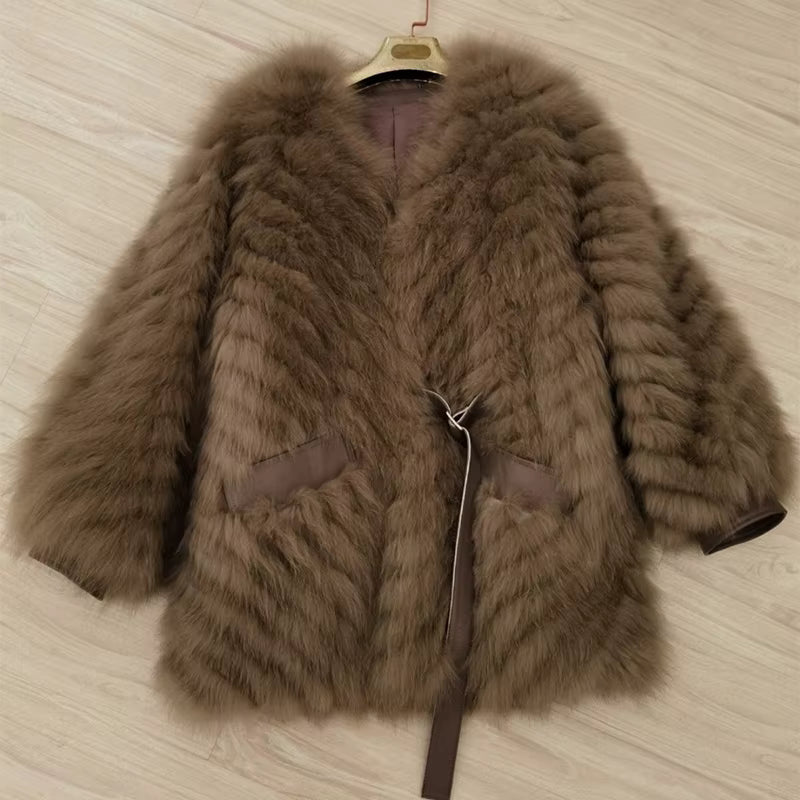 Casual Thick Camel Real Fox Fur Strip Oversize Loose Overcoat
