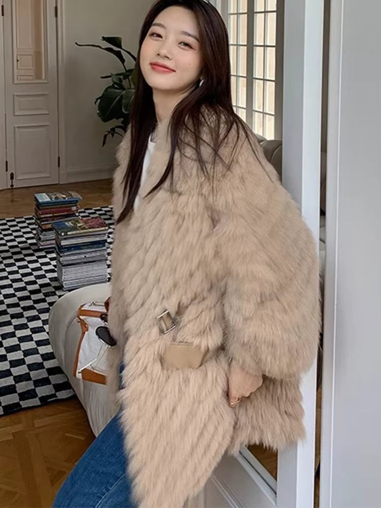 Casual Thick Camel Real Fox Fur Strip Oversize Loose Overcoat