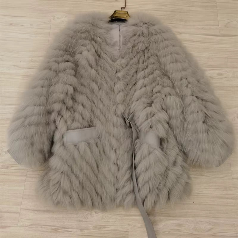 Casual Thick Camel Real Fox Fur Strip Oversize Loose Overcoat