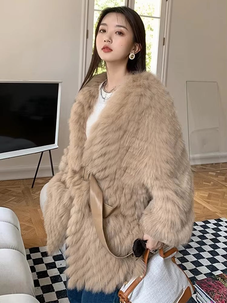 Casual Thick Camel Real Fox Fur Strip Oversize Loose Overcoat
