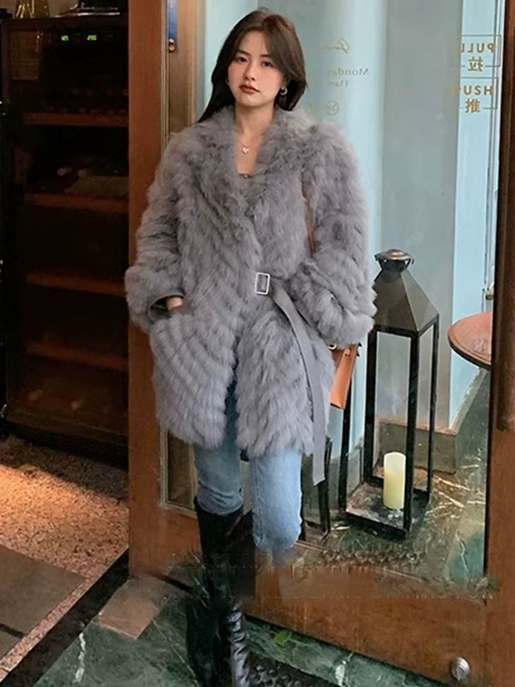 Casual Thick Camel Real Fox Fur Strip Oversize Loose Overcoat