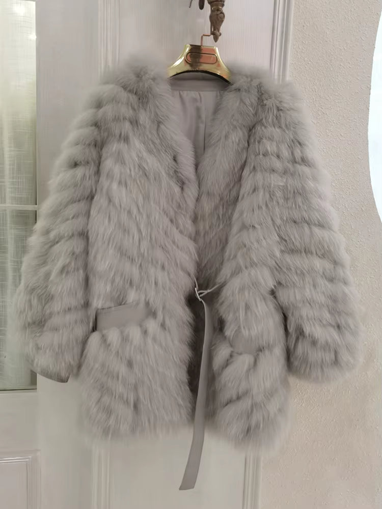 Casual Thick Camel Real Fox Fur Strip Oversize Loose Overcoat
