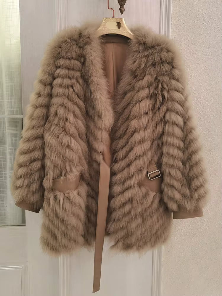 Casual Thick Camel Real Fox Fur Strip Oversize Loose Overcoat
