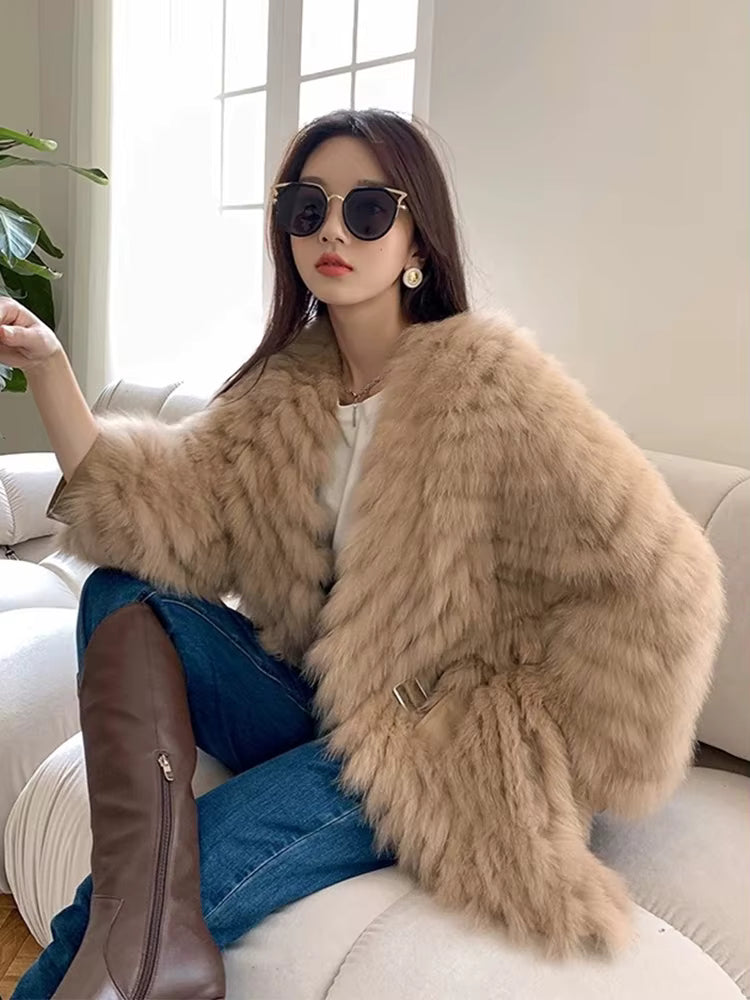Casual Thick Camel Real Fox Fur Strip Oversize Loose Overcoat
