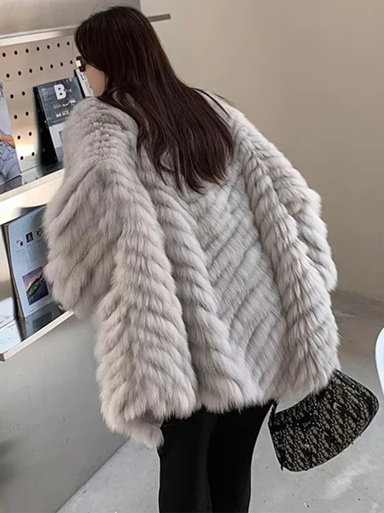Casual Thick Camel Real Fox Fur Strip Oversize Loose Overcoat