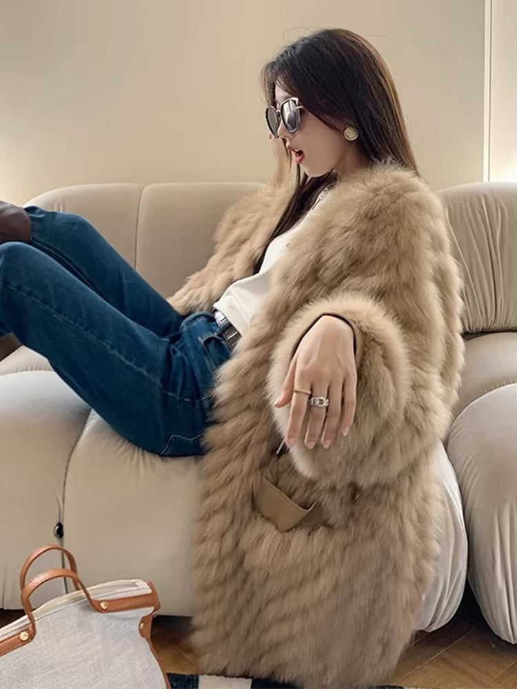 Casual Thick Camel Real Fox Fur Strip Oversize Loose Overcoat