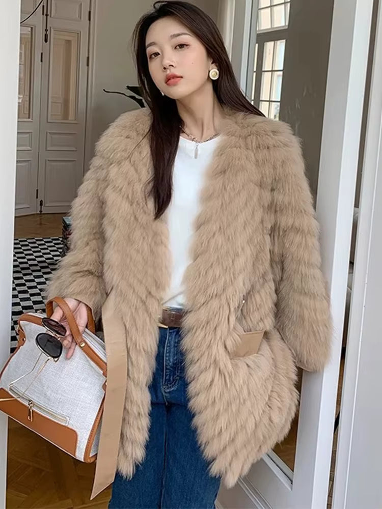 Casual Thick Camel Real Fox Fur Strip Oversize Loose Overcoat