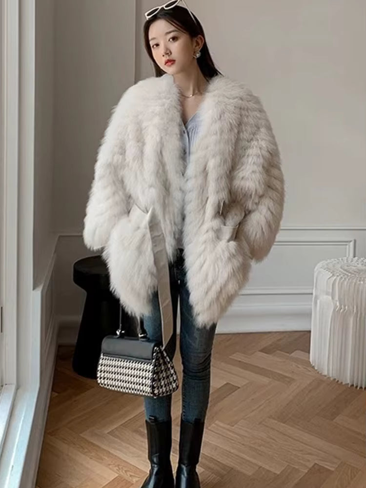 Casual Thick Camel Real Fox Fur Strip Oversize Loose Overcoat