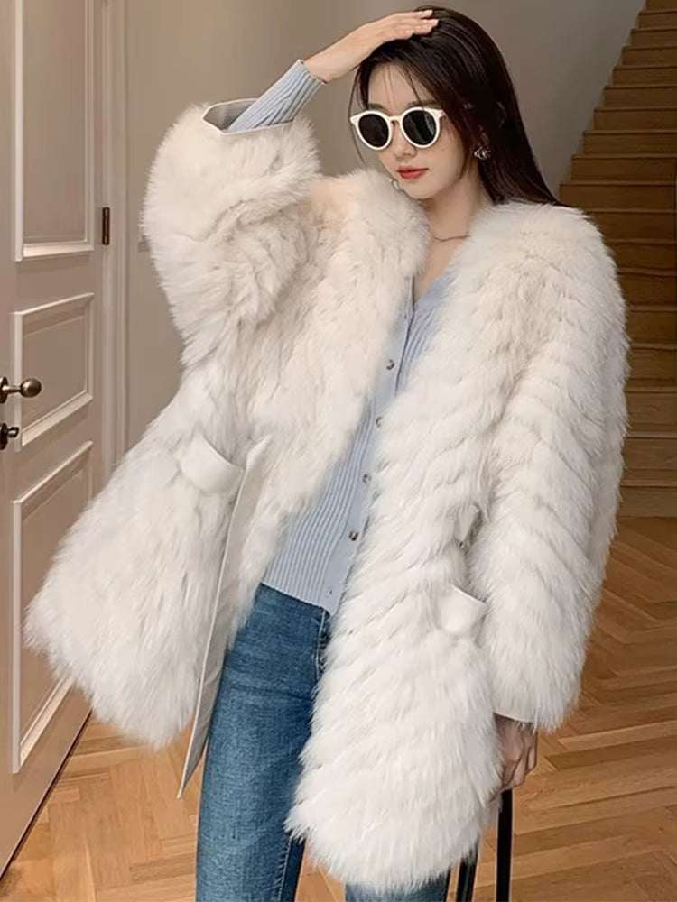 Casual Thick Camel Real Fox Fur Strip Oversize Loose Overcoat