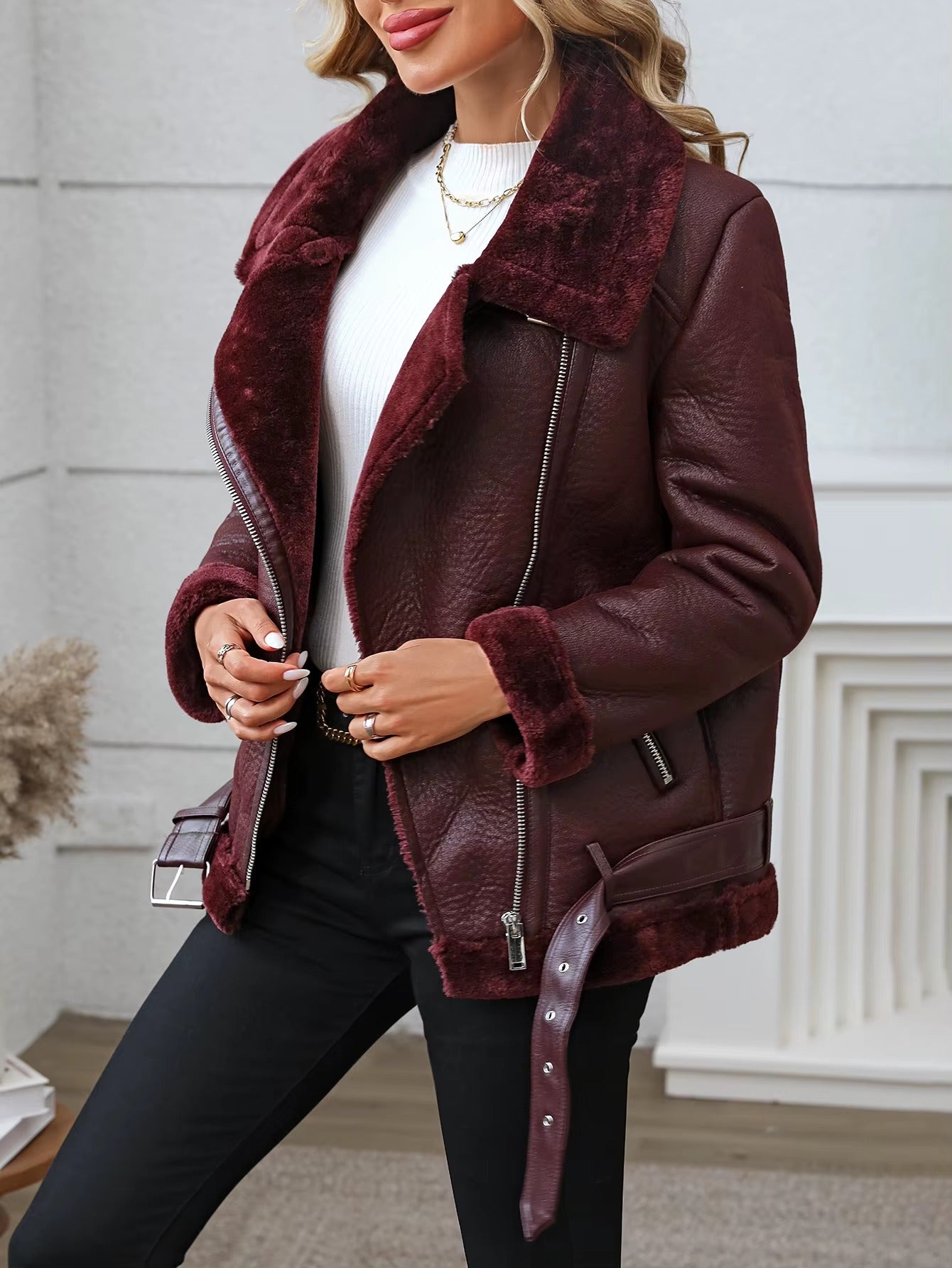 Casual Thick Warm Faux Fur Leather High Street Outwear Jacket