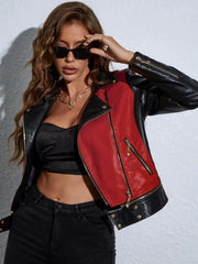 Casual Turn Down Collar stylish zippered PU leather jacket