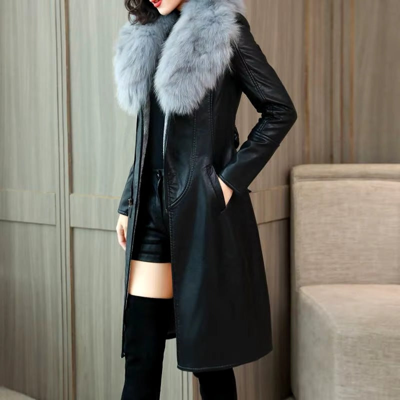 Casual Turn-down Collar Faux Fur Leather Adjustable Waist Long Loose Coats