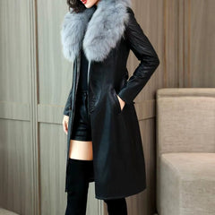 Casual Turn-down Collar Faux Fur Leather Adjustable Waist Long Loose Coats