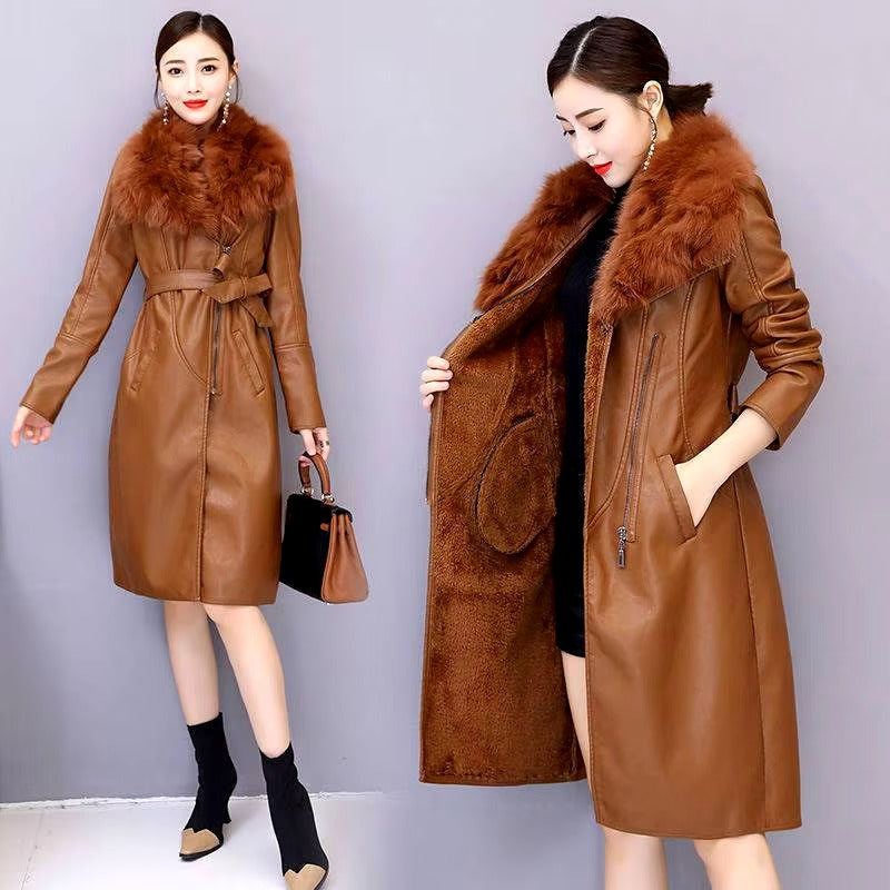 Casual Turn-down Collar Faux Fur Leather Adjustable Waist Long Loose Coats