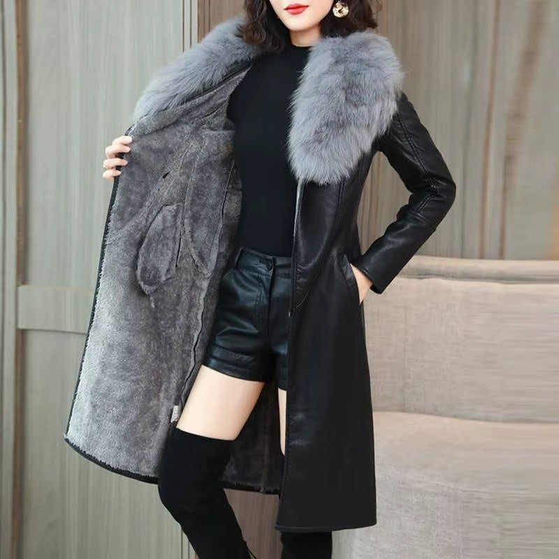 Casual Turn-down Collar Faux Fur Leather Adjustable Waist Long Loose Coats