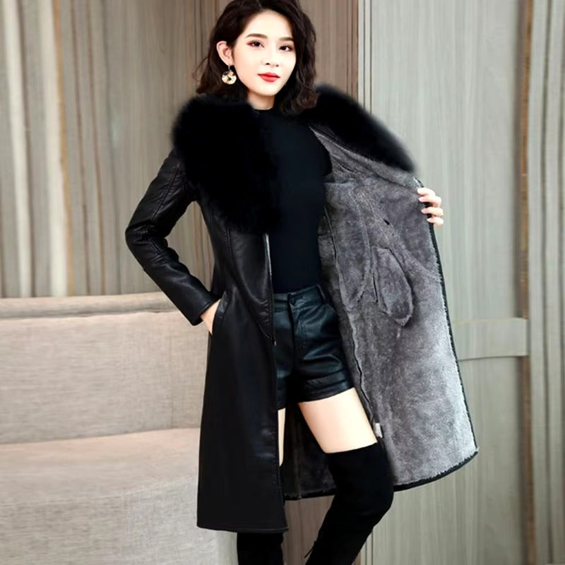 Casual Turn-down Collar Faux Fur Leather Adjustable Waist Long Loose Coats