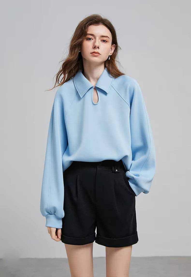 Casual Turn-down Collar Hollow Out Polo Collar Fit Pullover Loose Sweatshirt