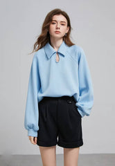 Casual Turn-down Collar Hollow Out Polo Collar Fit Pullover Loose Sweatshirt