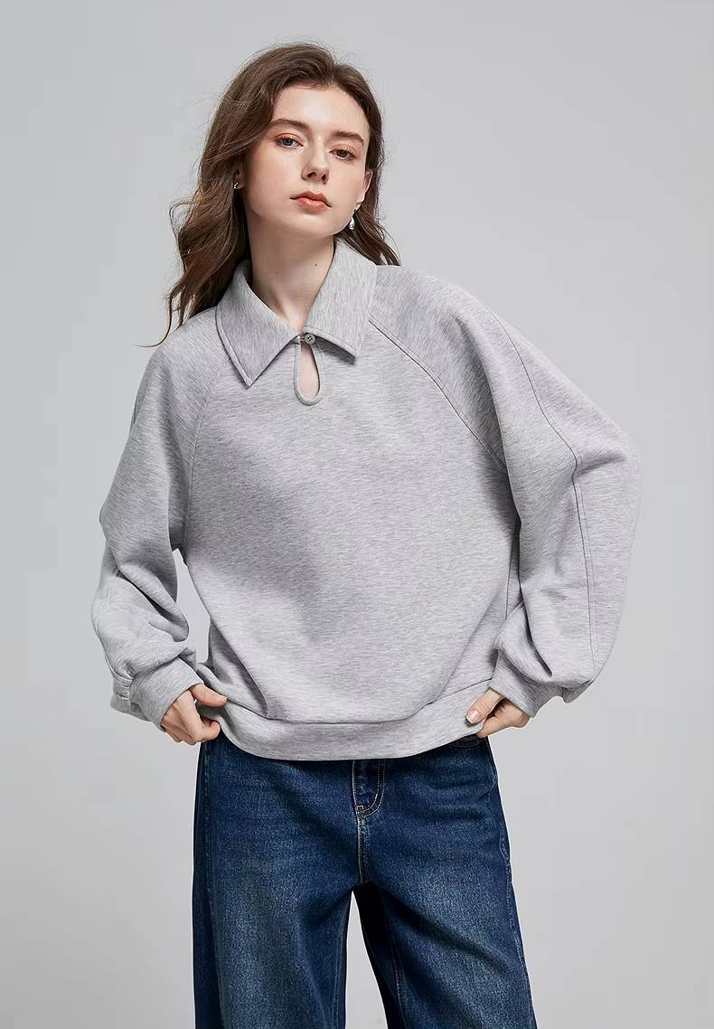 Casual Turn-down Collar Hollow Out Polo Collar Fit Pullover Loose Sweatshirt