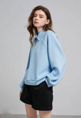 Casual Turn-down Collar Hollow Out Polo Collar Fit Pullover Loose Sweatshirt