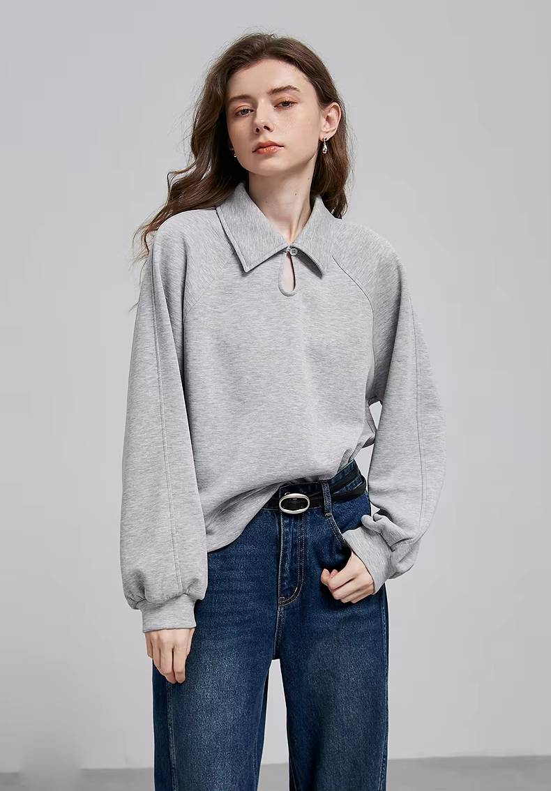 Casual Turn-down Collar Hollow Out Polo Collar Fit Pullover Loose Sweatshirt