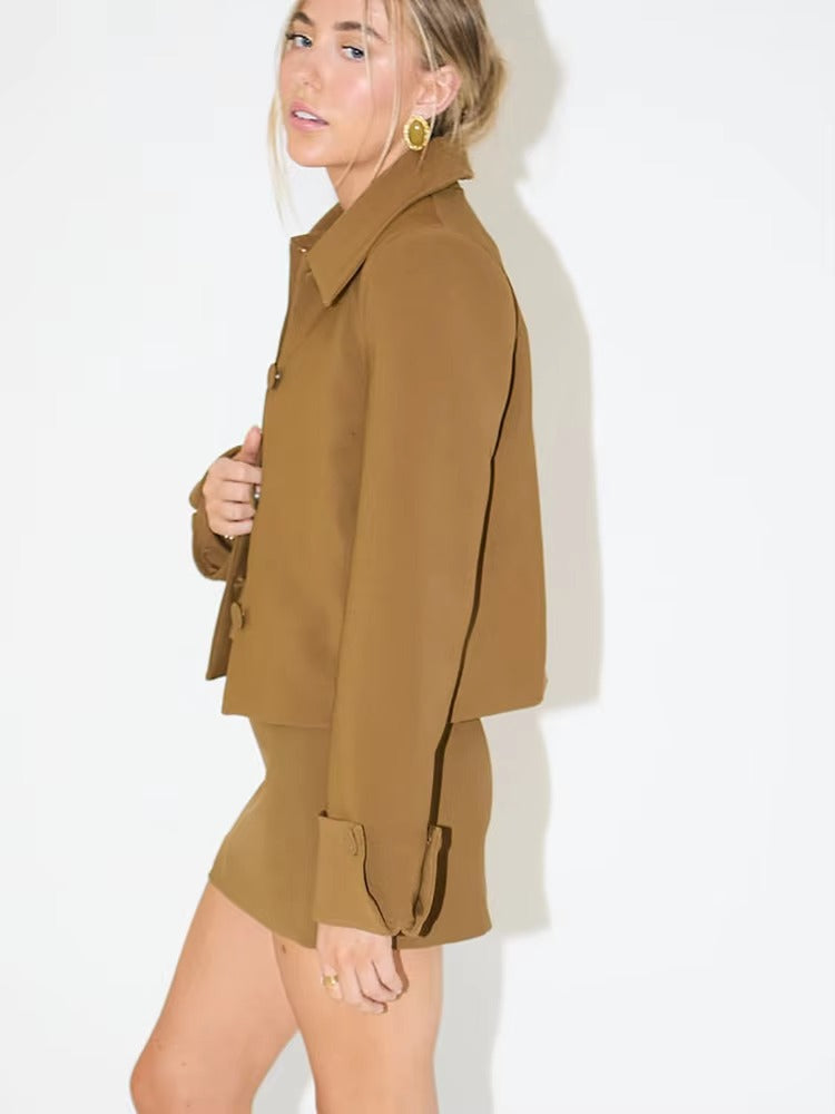 Casual Turn-down Collar Single Breasted Slim Two Piece Mini Skirt Suit Sets