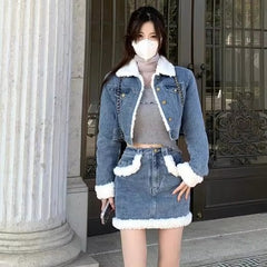 Casual Turn-down Collar Thick Warm Short Denim Jacket skirt 2 Pcs Set