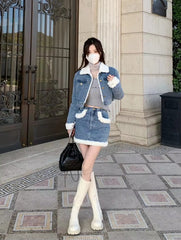 Casual Turn-down Collar Thick Warm Short Denim Jacket skirt 2 Pcs Set