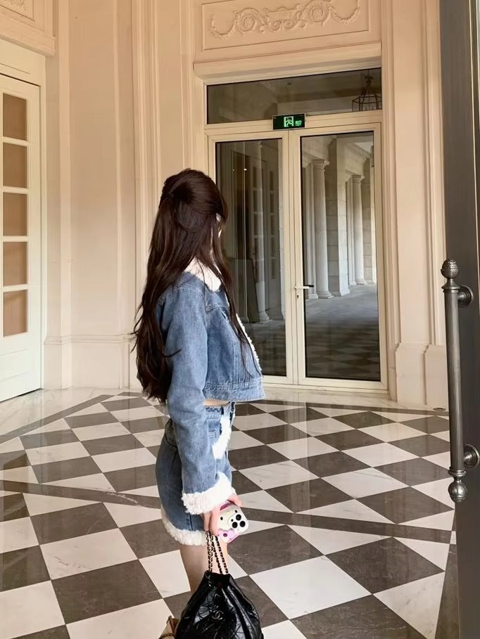 Casual Turn-down Collar Thick Warm Short Denim Jacket skirt 2 Pcs Set