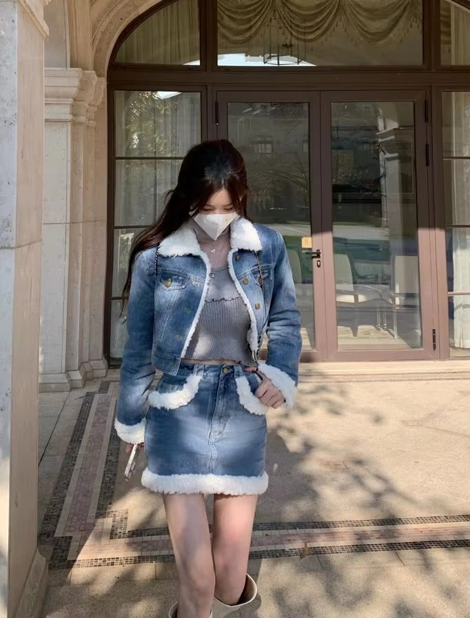 Casual Turn-down Collar Thick Warm Short Denim Jacket skirt 2 Pcs Set