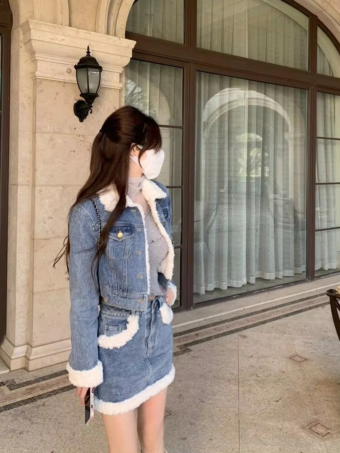 Casual Turn-down Collar Thick Warm Short Denim Jacket skirt 2 Pcs Set
