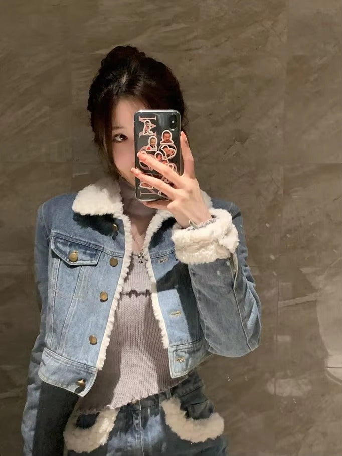 Casual Turn-down Collar Thick Warm Short Denim Jacket skirt 2 Pcs Set