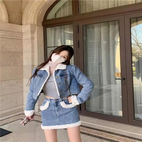 Casual Turn-down Collar Thick Warm Short Denim Jacket skirt 2 Pcs Set