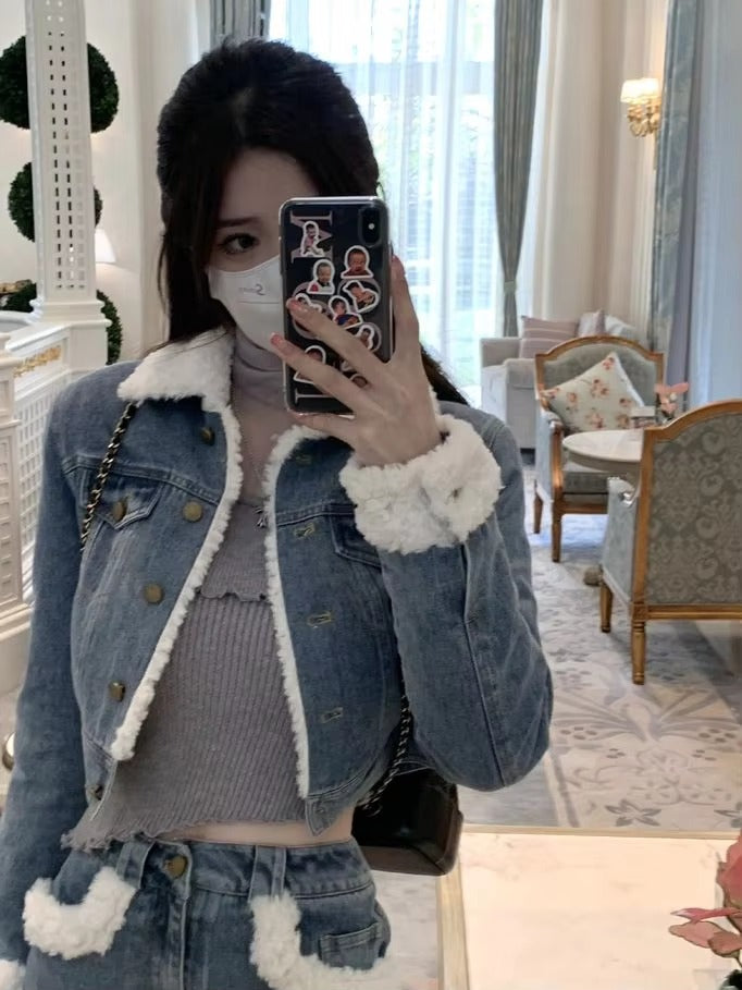Casual Turn-down Collar Thick Warm Short Denim Jacket skirt 2 Pcs Set