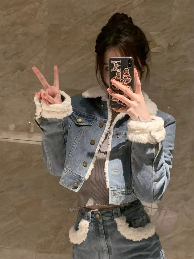 Casual Turn-down Collar Thick Warm Short Denim Jacket skirt 2 Pcs Set