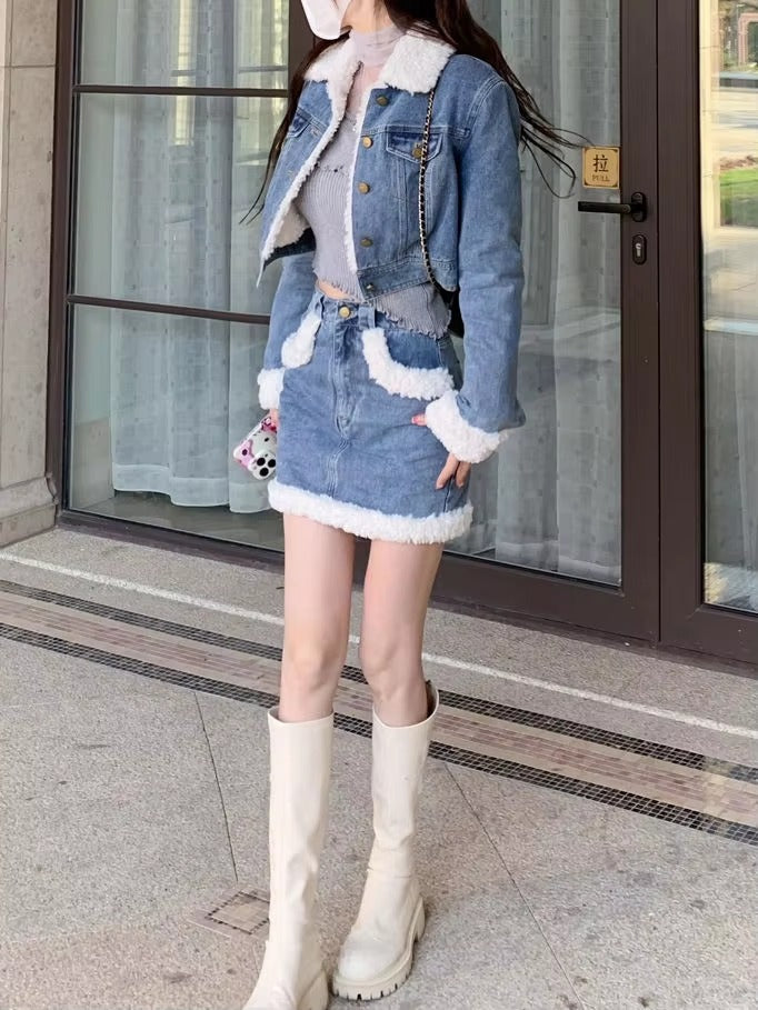 Casual Turn-down Collar Thick Warm Short Denim Jacket skirt 2 Pcs Set