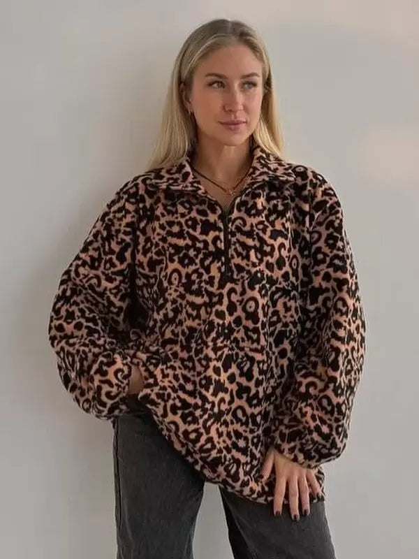 Casual Turndown Collar Animal Print Sweatshirts