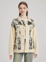 Casual Turndown Collar Two-Tone Floral Printed Denim Jacket