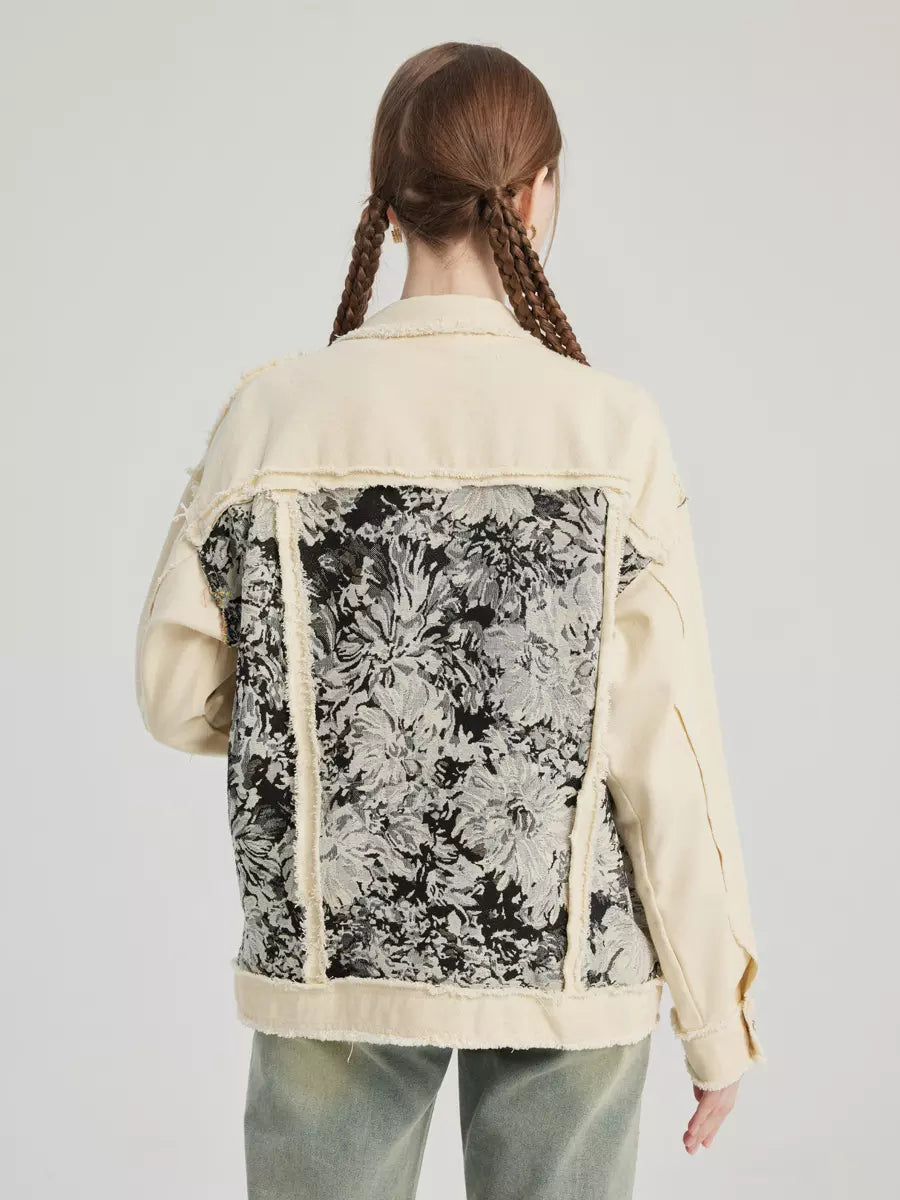 Casual Turndown Collar Two-Tone Floral Printed Denim Jacket