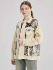 Casual Turndown Collar Two-Tone Floral Printed Denim Jacket
