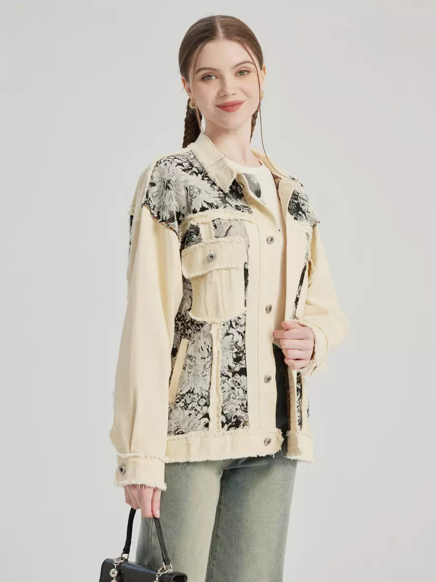 Casual Turndown Collar Two-Tone Floral Printed Denim Jacket